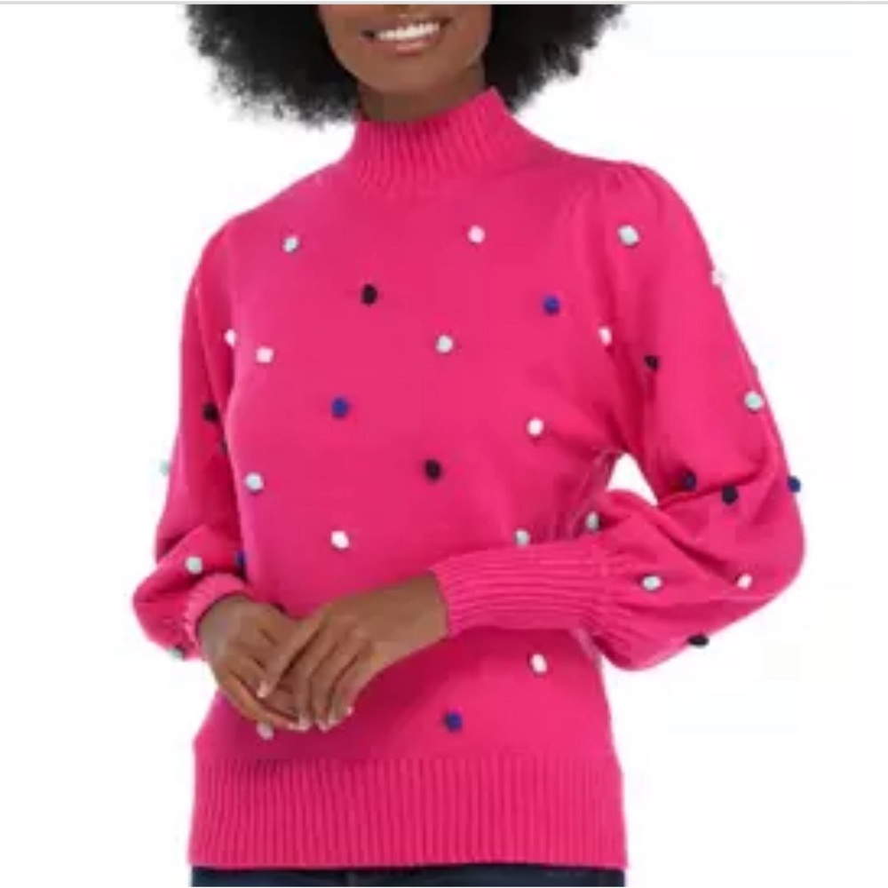 Crown & Ivy Pink Rainbow Pom Mock Neck Sweater Size Large